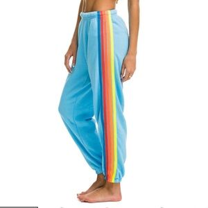 Aviator Nation Neon 5 Stripe Turquoise Joggers with Rainbow Detail Size Small